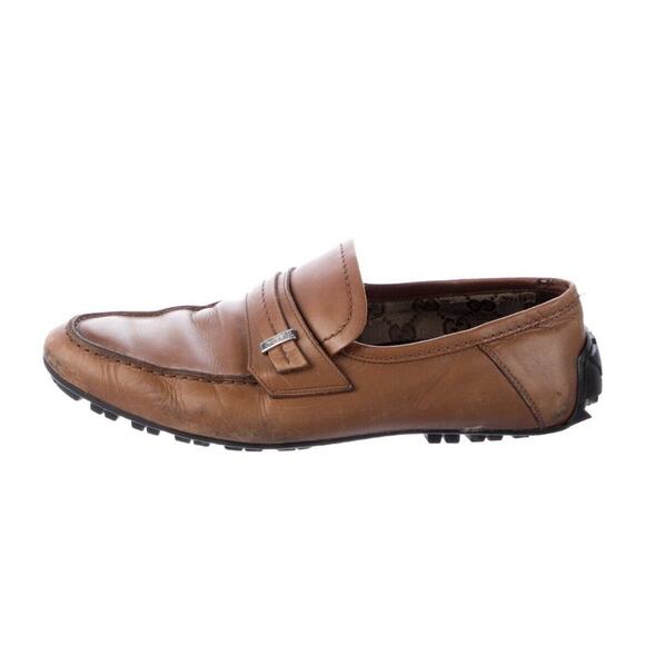 Authentic Gucci Carmel Leather Silver Badge Loafers Driving Shoes Men's US 9 - Picture 3 of 6